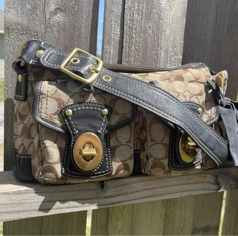 Bolso de Hombro Coach Legacy Turnlock 65th Signature Cuero Beige Negro Lona Y2K Foto 1 de 1