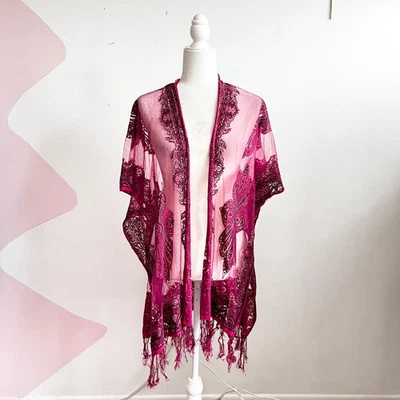 Cardigã quimono de malha burnout veludo transparente boho caprichoso boêmio tamanho único - Imagem 1 de 4