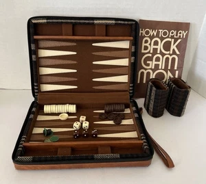 VTG Backgammon Miniature Travel Set Brown Plaid Tweed Case & Cups  - Picture 1 of 17