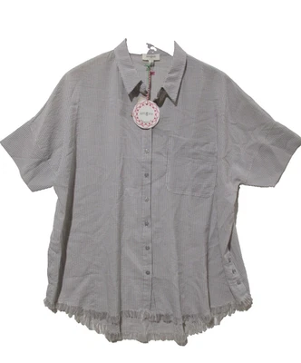 NWT Sz M Umgee Shirt OVERSIZED Womens Striped Beige Fringe Hem Lagenlook S/S - Image 1 of 4