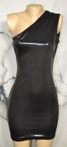 LUFENG Black Sleeveless One Shoulder Liquid Look Dress Lined Stretch Poly Blend - Picture 1 of 8