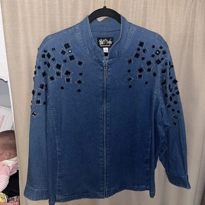 Bob Mackie Wearable Art Women's Size 1X Jacket Denim Embellished Gems Zip Up - Image 1 of 4