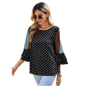 Blusa Top Rosa Esmeria Lunares Manga Malla Volantes XL Negro Blanco - Imagen 1 de 10