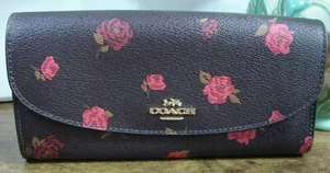 Coach Slim Dark Brown & Pink Foral Fold Over Snap Card Bill Zip Coin Wallet NWOT - Picture 1 of 3
