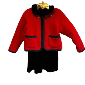 Hanna Andersson Girls Black Velvet Dress & Red Fleece Jacket Set Size 90 Vintage - Picture 1 of 15