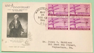 Scott 924 3c 1944 Centenary of the Telegraph Plate Block FDC Washington DC Cancl - Image 1 of 2