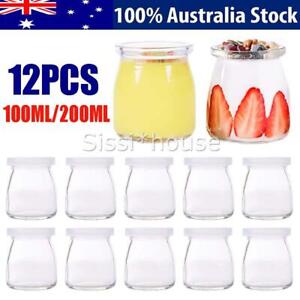 100/200ML 12XGlass Pudding Jars Glass Jars for Yogurt Milk Parfait with Lid Caps