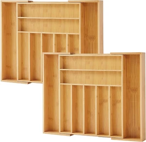 2-PACK Bamboo Drawer Organizer - Expandable Silverware Organizer & Utensil Drawe - Picture 1 of 6
