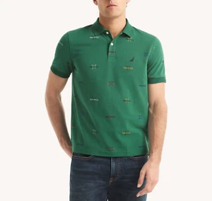 Nautica Mens Classic Fit Moisture Wicking All Over Logo Printed Polo Shirt Green - Picture 1 of 4