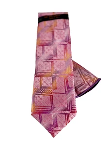 Steven Land Big Knot Men's Tie & Hanky Pink Fuchsia Gold Plaids 100% Silk 3.25" - Picture 1 of 3