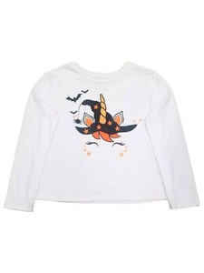 Girls White & Orange Unicorn Long Sleeve Halloween T-Shirt Tee Shirt - Picture 1 of 1