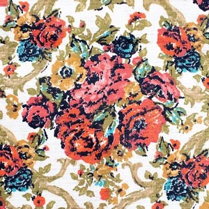 Vintage Barkcloth Fabric Upholstery 36x34 Red Roses Mustard Scrolls 1960s Floral - Picture 1 of 4