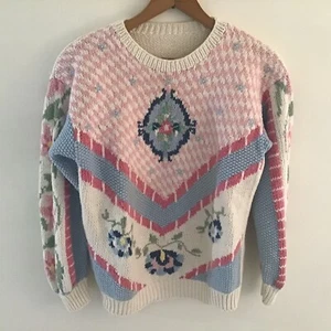Vintage EAGLE’S EYE CREWNECK HAND-KNIT SWEATER Sz Medium Pastels  NO TAG - Picture 1 of 8