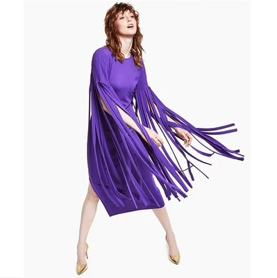 INC 女式 L 紫色豪华 Ponte 针织条纹及膝连衣裙全新无标签 CA86 — 第 1/4 张图片