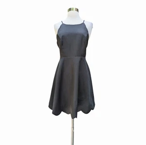 LULUS Dress Black Scallop Hem Halter Lace Up Back Fit & Flare Stretch MEDIUM - Picture 1 of 7