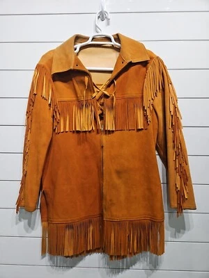 Vtg Tassel Genuine Brown Leather Western Rancher Motorcycle Jacket Mens Large - Image 1 of 4