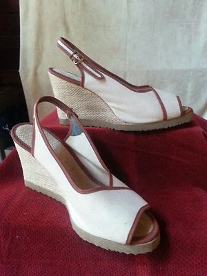 Sandalias De Colección Años 70-80 Plotform Zapatos Cordones Crema Brw Lona Cuerda Cuña Discoteca 8M Foto 1 de 4