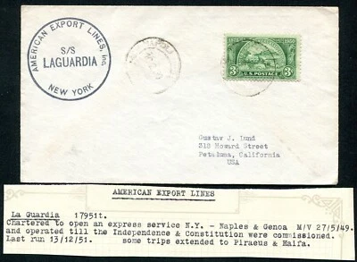 ITALY: (14240) S/S LAGUARDIA PAQUEBOT CANCEL/COVER 1950 - Image 1 of 2