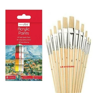 SET 12 PZ PENNELLI ARTIGIANALI MANICO LEGNO ASSORTITI + 8 TUBI VERNICE ACRILICA NUOVI - Foto 1 di 1