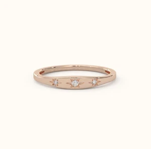 14k Solid Gold 3-Star Diamond Signet Ring Dainty & Elegant Womens Stacking Ring - Picture 1 of 3