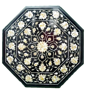 HandmadMarble Round Coffee Table Top Mother Of Pearl Inlay Stone With Floral Art - Picture 1 of 13