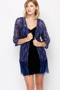 Kimono Royal Navy Blau Gold Verziert Borte Spitze Blumen Cover Up Small Medium  - Bild 1 von 4