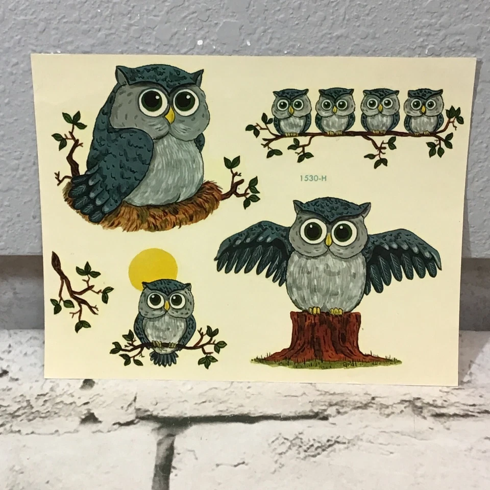 Calcomanías artesanales decorativas vintage Meyercord lindo búho gris hoja completa #1530-H Foto 1 de 4
