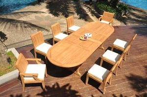 9-Pc Outdoor Teak Dining Patio Set: 117" Masc Oval Extn Table, 8 Chairs Lagos - Picture 1 of 12