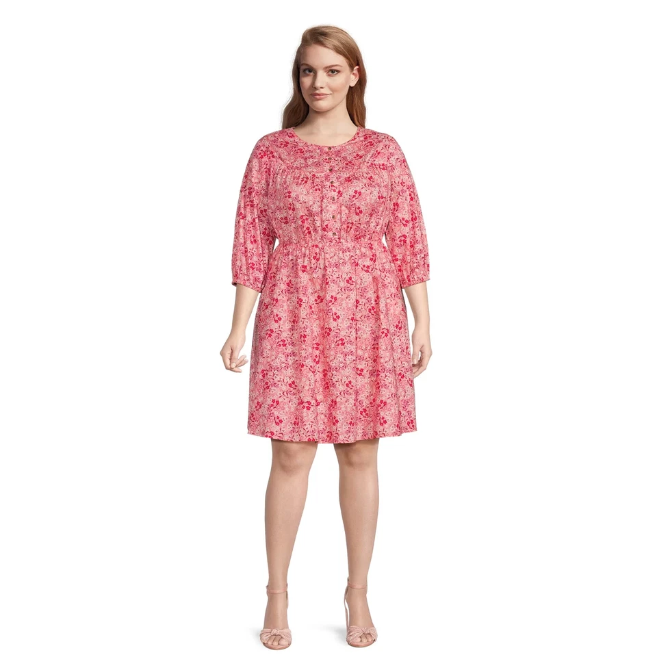TERRA & SKY Fit & Flare Button Front Dress Womens Size 18W Pink Red Floral