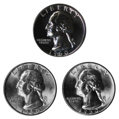 1960 P P D Washington Quarter 25c Year set Proof & BU US 3 Coin lot Cover
