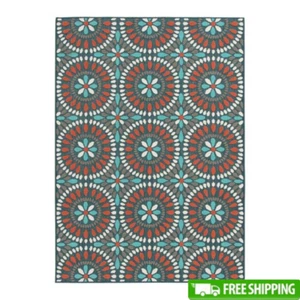 Polypropylene Outdoor Area Rug 5x7 Medallion Pattern Stain Resistant Easy Care - Picture 1 of 7