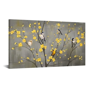 Large Floral Bird Canvas Wall Art Abstract Birds on Flower Tree Branch Yellow... - Picture 1 of 6