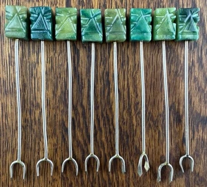 Set of 8 VTG MCM Malachite & Silver Tiki Carved Cocktail Picks, 3.5" Handmade - Picture 1 of 5