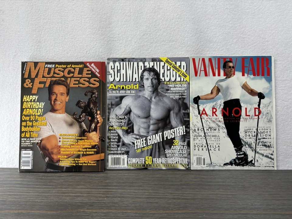 Lot Of 3 Vintage Muscle & Fitness Magazines w/ Arnold Schwarzenegger 1997 Vanity - Image 1 of 4