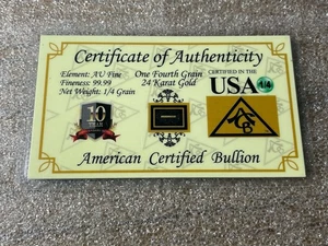 1/4 Grano (no Gramo) Oro 24 Kt .9999 Fino en Tarjeta Sellada Certificado de Autenticidad - Imagen 1 de 2
