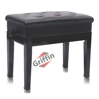 GRIFFIN Black Leather Piano Bench - Wood Vanity Stool Keyboard Seat Guitar Chair - Image 1 of 4