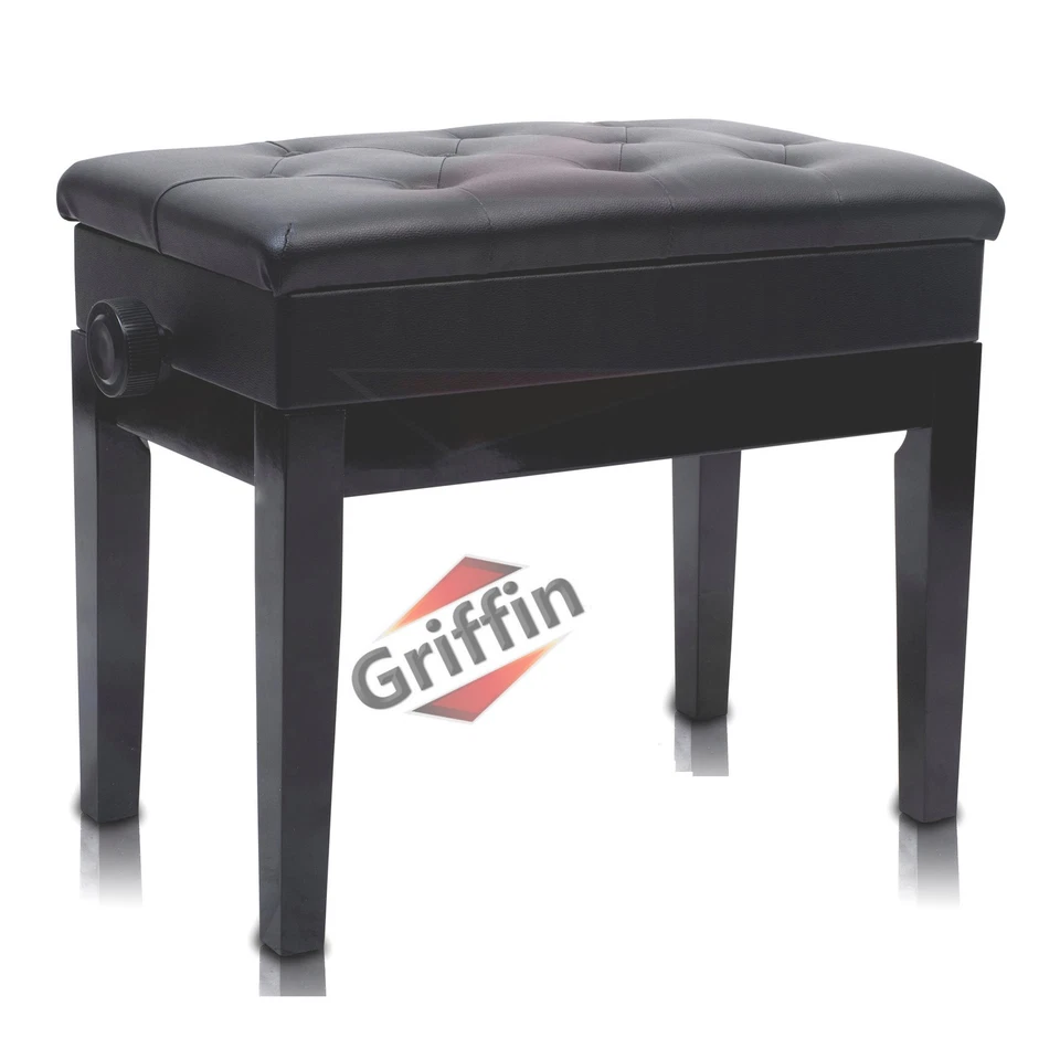 GRIFFIN Black Leather Piano Bench - Wood Vanity Stool Keyboard Seat Guitar Chair - Image 1 of 4