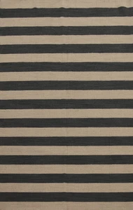 Striped Wool Moroccan Area Rug 6x8 Ivory/ Black Contemporary Living Room Carpet - Picture 1 of 9