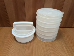 Tupperware Set (6) Viertel Pfünder Hamburger Halter 882 mit Ring, Presse & Deckel EUC - Bild 1 von 14