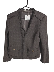 Zara Black Jacket Tweed Blazer Short Raw Fringed Trim, Sz Small NWT - Picture 1 of 7