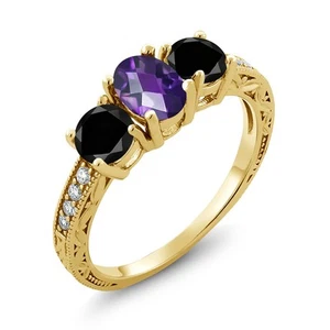 1.97ct Checkerboard Amethyst Black Diamond 18K Yellow Gold Plated Silver Ring - Picture 1 of 4