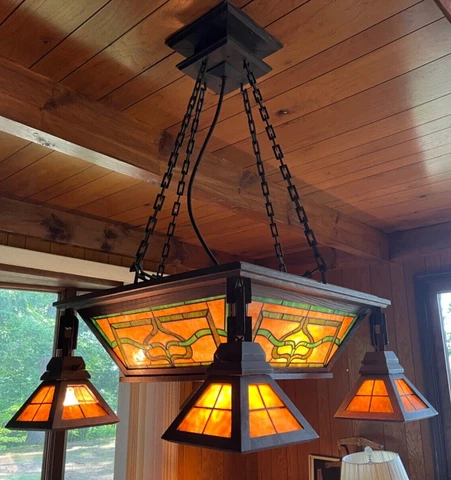 Great LARGE Stained Leaded Glass & Mission Oak Antique Arts & Crafts Chandelier Cover