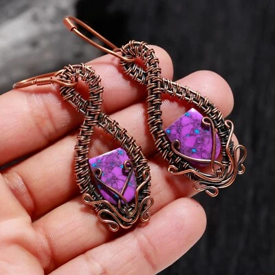 Purple Copper Turquoise Gemstone Handmade Jewelry Wire Wrapped Copper Earring - Image 1 of 4