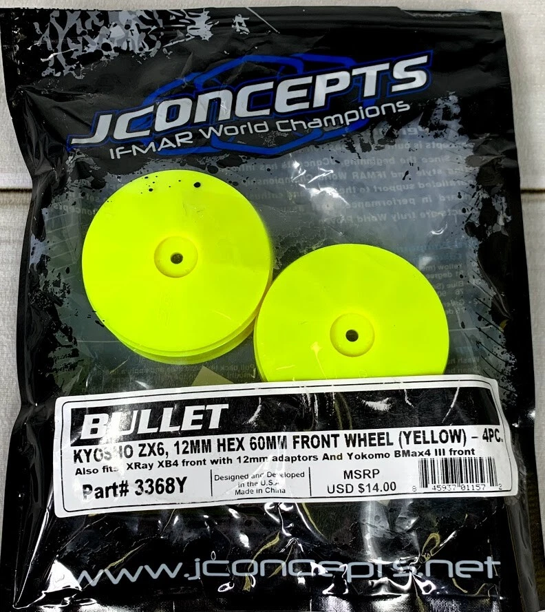 JConcepts 3368Y 1/10th Bullet 60mm Front Wheels Yellow Kyosho ZX6 XRay Yokomo H7 - Image 1 of 4