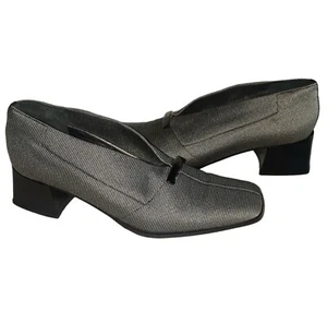 Zapato vintage PREVATA punta cuadrada tacón bloque tela cuero ribete talla 7,5 gris/negro - Imagen 1 de 8