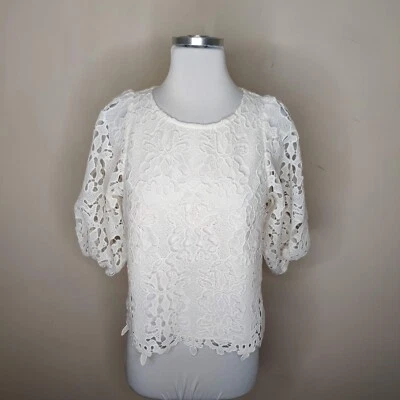 Blusa Top Banana Republic Blanca Floral Crochet Talla XS Mujer Manga Globo Foto 1 de 4