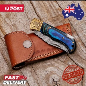 "Premium Handmade Damascus Steel Folding Pocket EDC Knife Blue Color - Picture 1 of 6