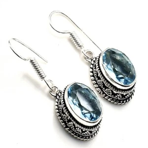 Swiss Blue Topaz Gemstone Handmade 925 Sterling Silver Jewelry Earring Size 1.3" - Picture 1 of 1
