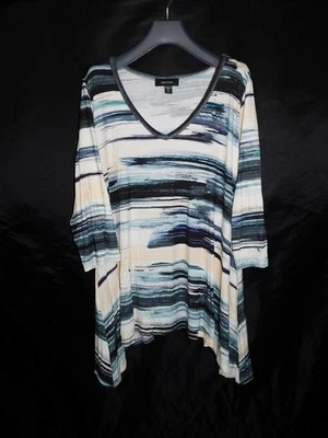 Karen Kane 尺寸 2X 蓝色黑色米色条纹衬衫 V 领 3/4 袖鲨鱼咬下摆 — 第 1/3 张图片