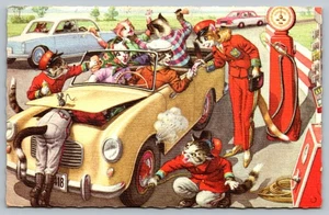 Vintage Cat-Themed Gas Station Postcard by Alfred Mainzer 1950s - Picture 1 of 2